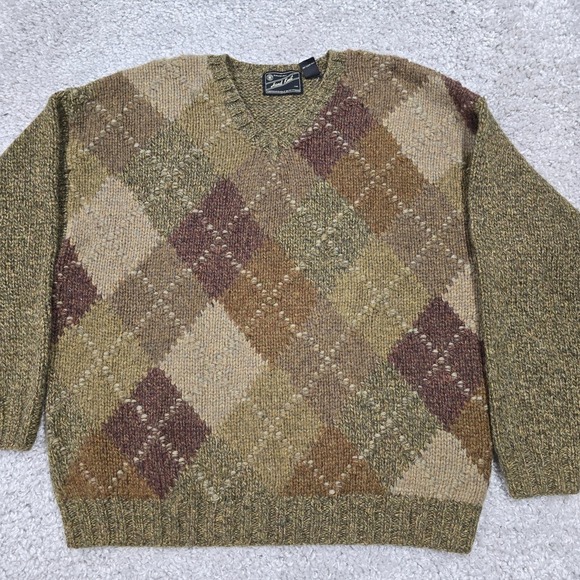 American Eagle Mens L Wool Argyle Sweater Green Brown V Neck Hand Knit Vintage - Picture 1 of 11